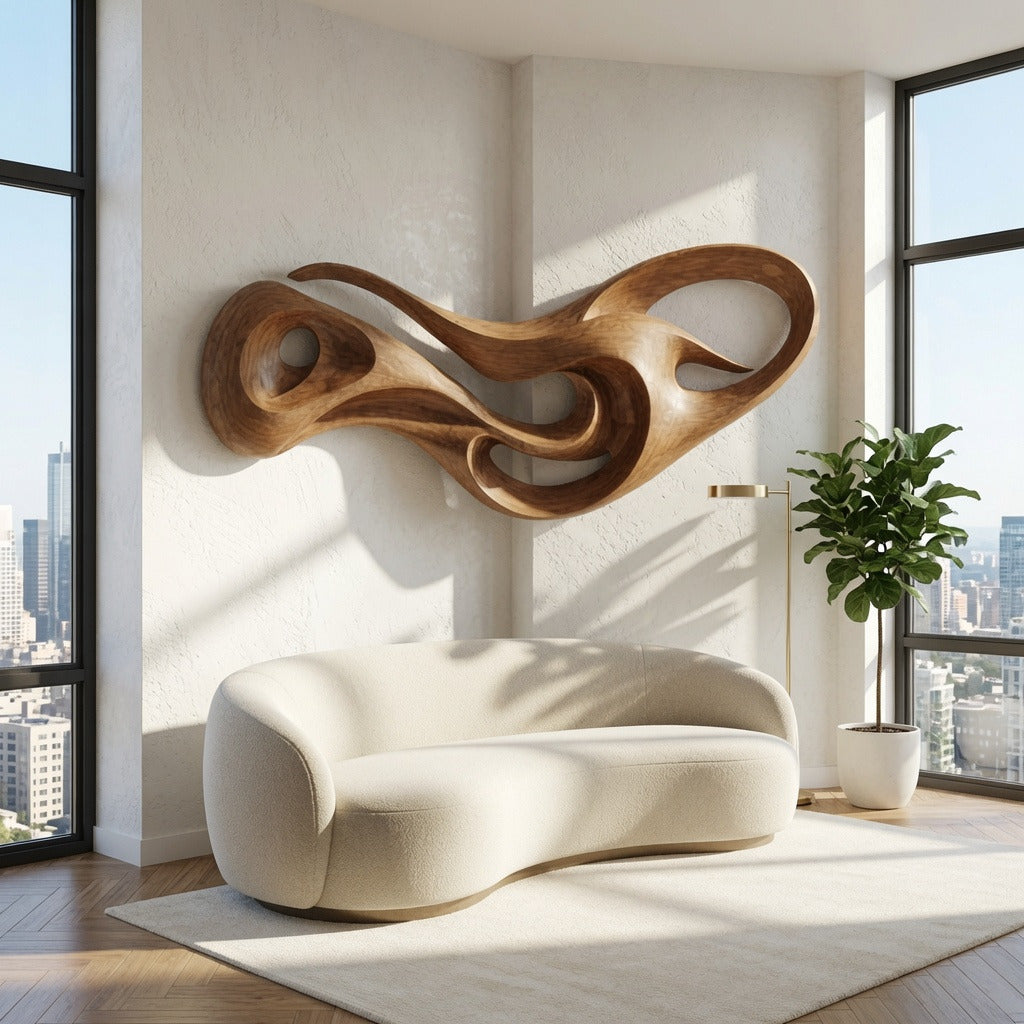 Contemporary flowing wooden wall panel adding warmth and texture to a stylish home