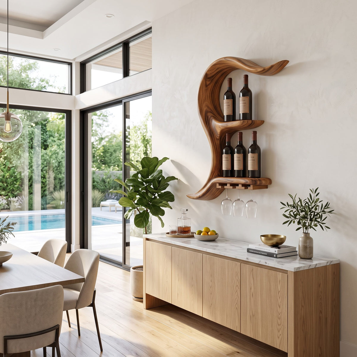 Sculptural fluid wave solid wood wall wine rack in a contemporary dining room