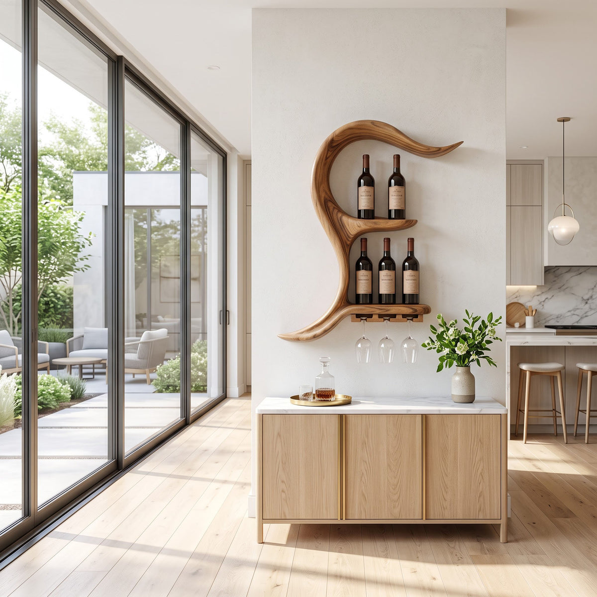 Sculptural solid wood wall wine rack enhancing a contemporary dining space