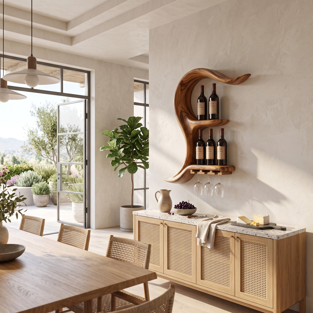 Sculptural solid wood bottle and glass rack featured in a sophisticated dining interior