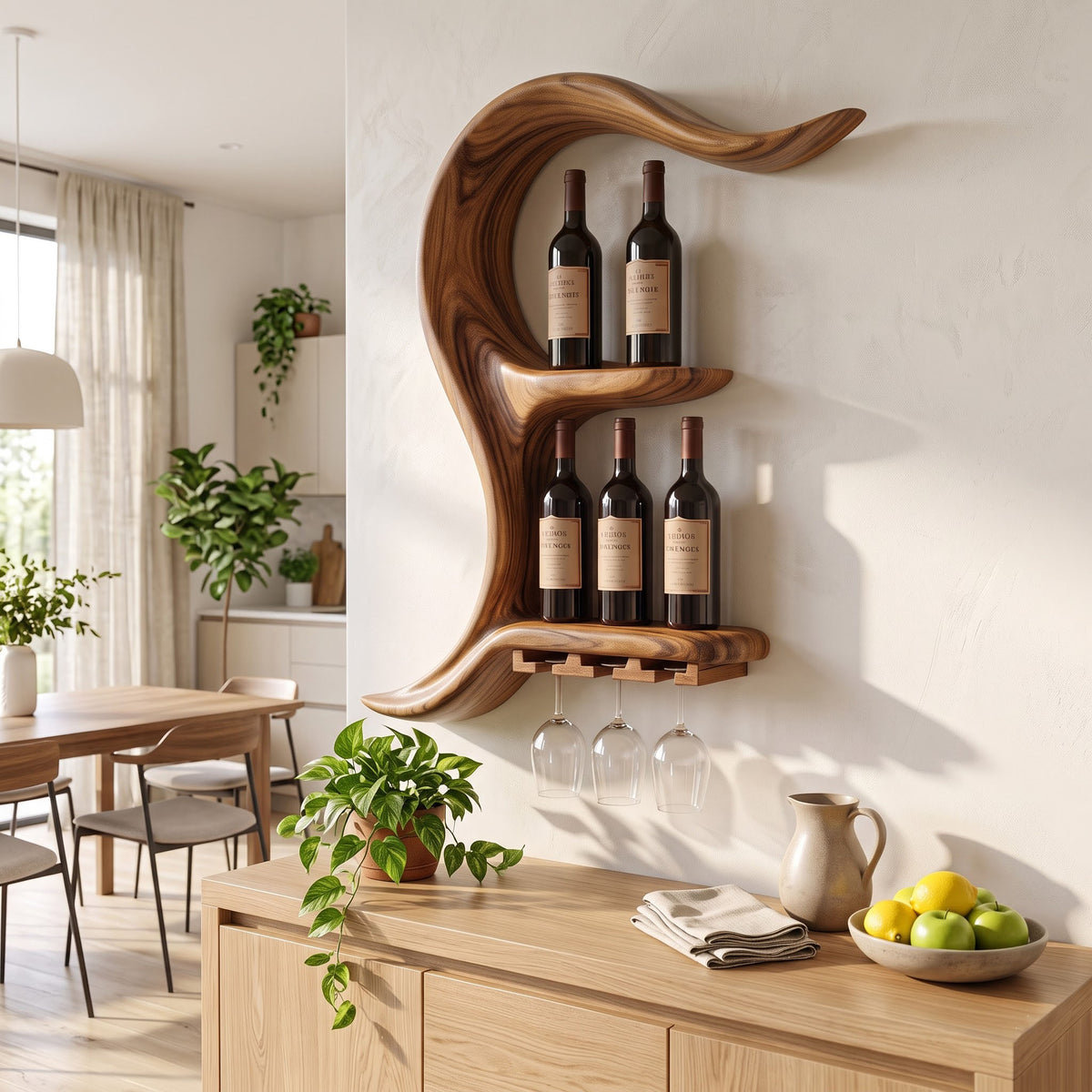 Fluid wave solid wood wine rack showcased as a statement wall display
