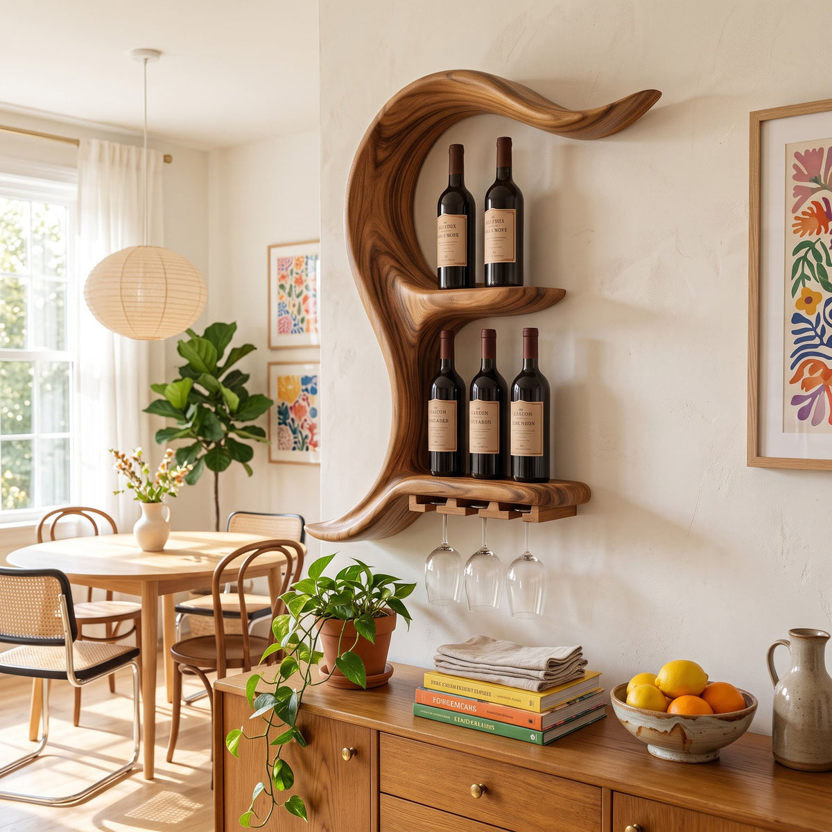Organic solid wood fluid wave wine display mounted in a minimalist dining room