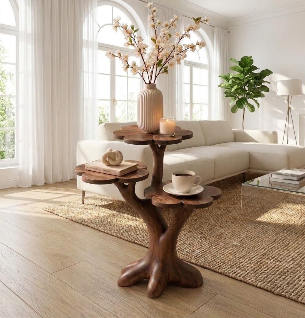 Sculptural 3-tier end table crafted from solid wood with a flower petal design