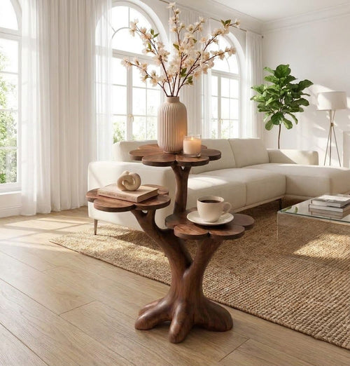 Hand-Carved 3-Tier Flower Petal End Table | Tree Trunk Base