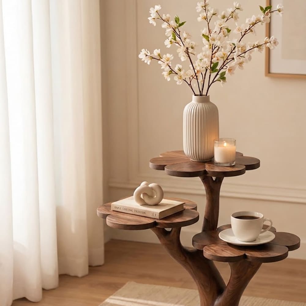 Sculptural solid wood end table with hand-carved flower petal tiers