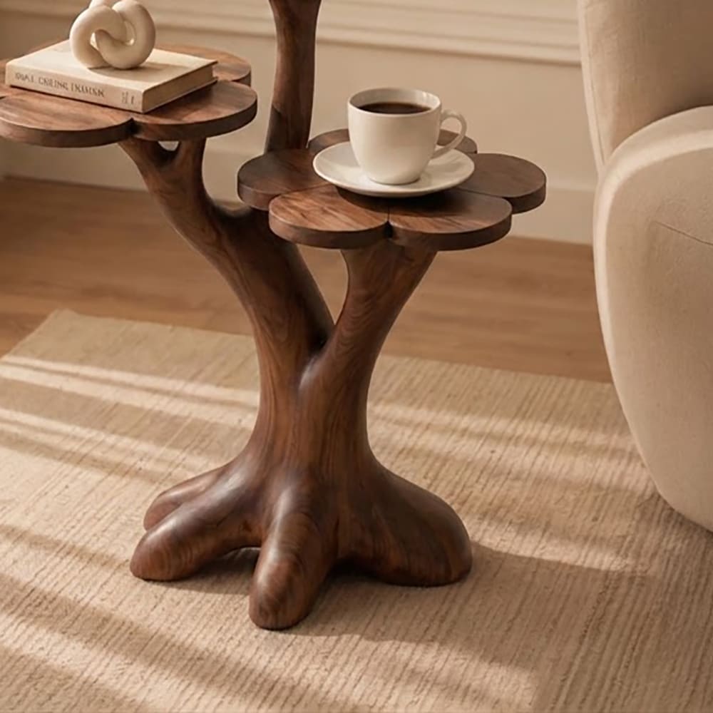 Hand-carved 3-tier end table crafted from solid wood with tree trunk detailing