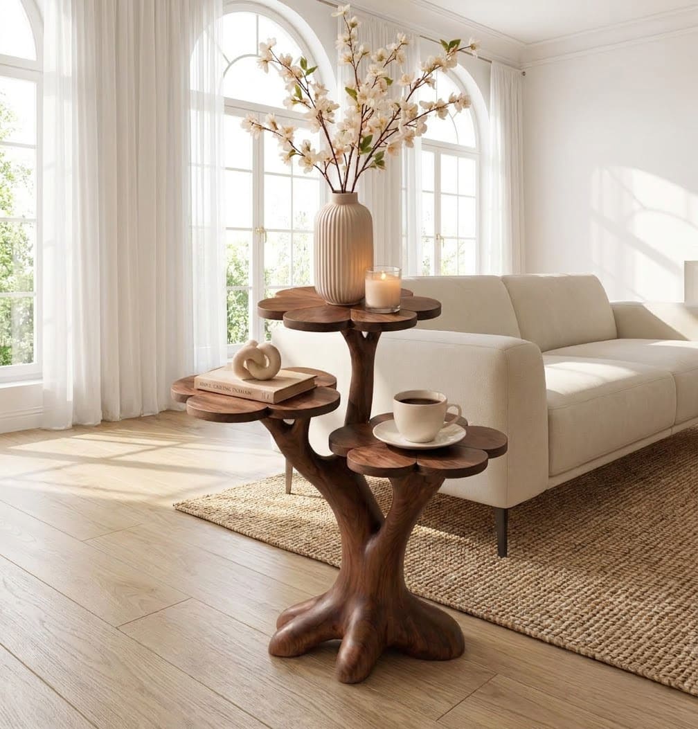 Sculptural hand-carved solid wood 3-tier flower petal end table for modern living room interiors