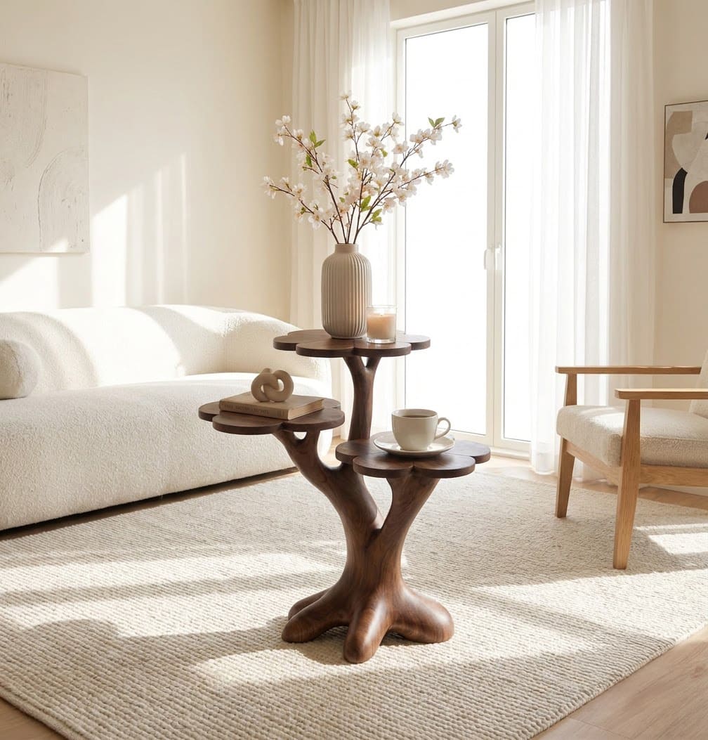 Hand-carved solid wood tree trunk end table with three flower petal tiers for stylish living spaces