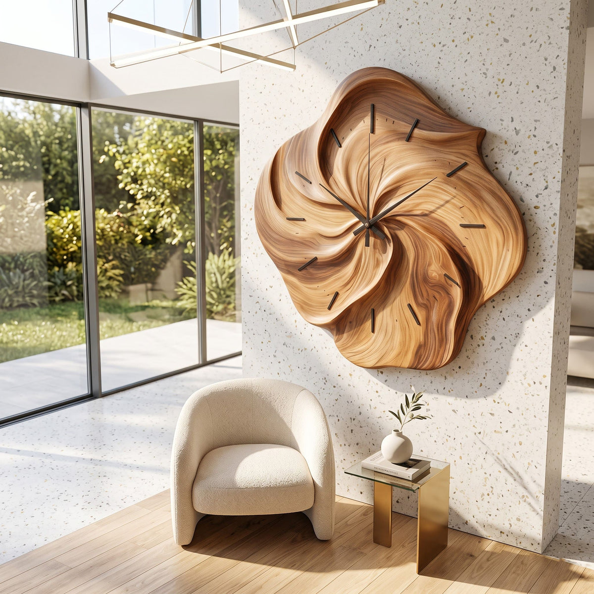 Sculptural Hand-Carved Biomorphic Solid Wood Swirl Wall Clock with Fluted Petal Relief & Silent Quartz Movement