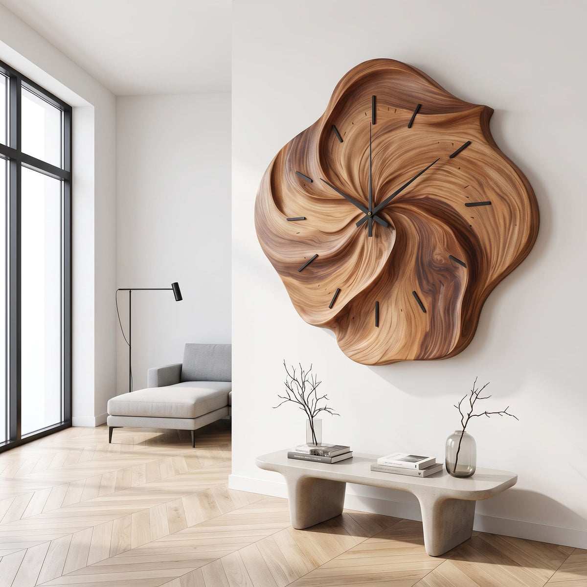 Sculptural Hand-Carved Biomorphic Solid Wood Swirl Wall Clock with Fluted Petal Relief & Silent Quartz Movement