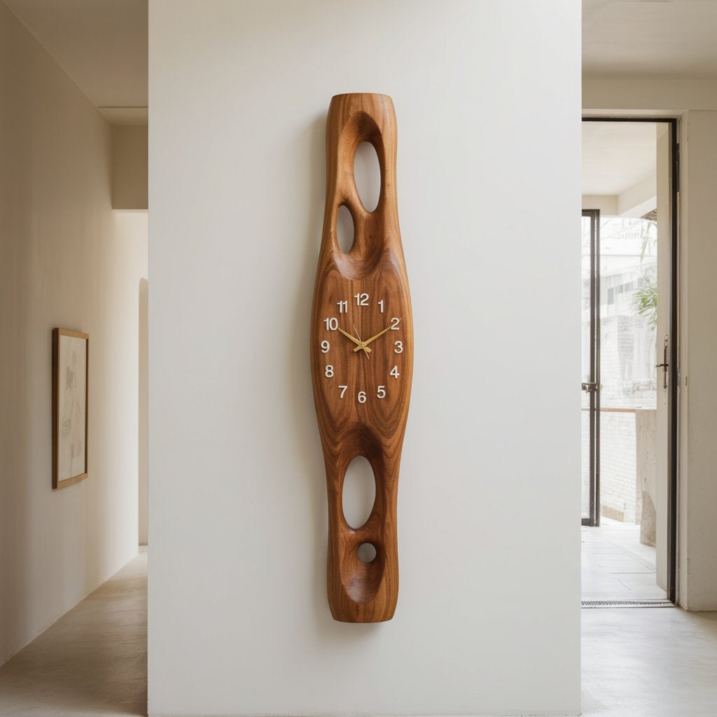 Sculptural biomorphic vertical wall clock in solid wood
