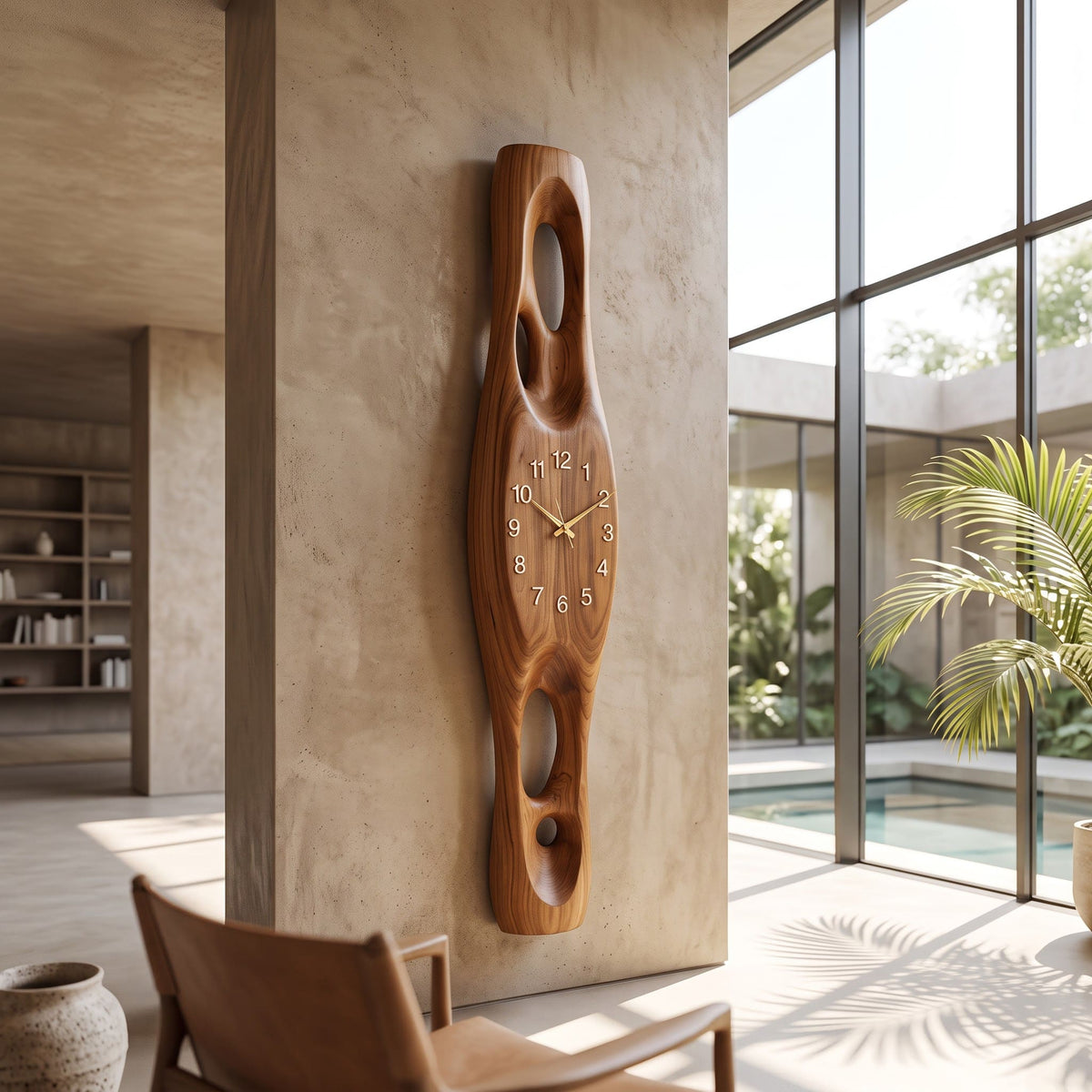 Organic solid wood vertical clock with silent quartz movement displayed in a minimalist space