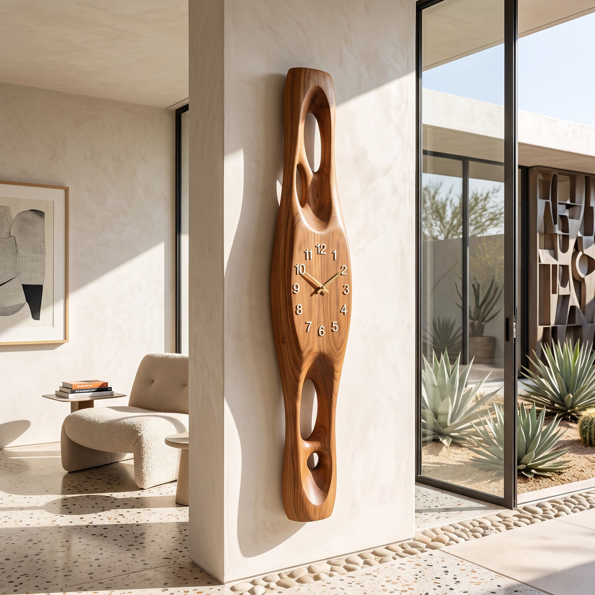 Hand-carved solid wood wall clock with hollow cutouts styled in a modern interior