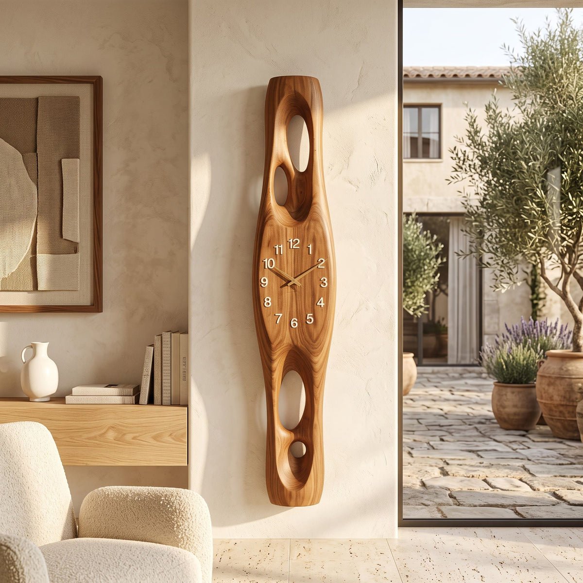 Sculptural solid wood biomorphic vertical wall clock in a contemporary living room