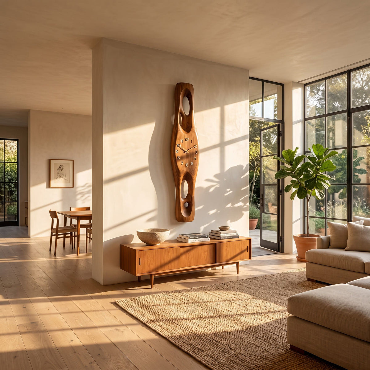 Sculptural solid wood hollow cutout wall clock showcased in an elegant living room