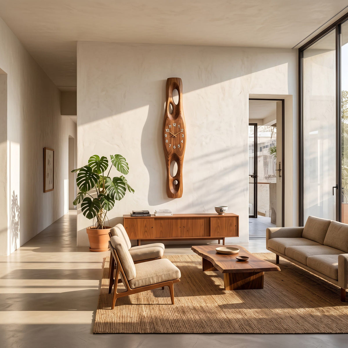 Artistic solid wood biomorphic clock enhancing a contemporary home interior