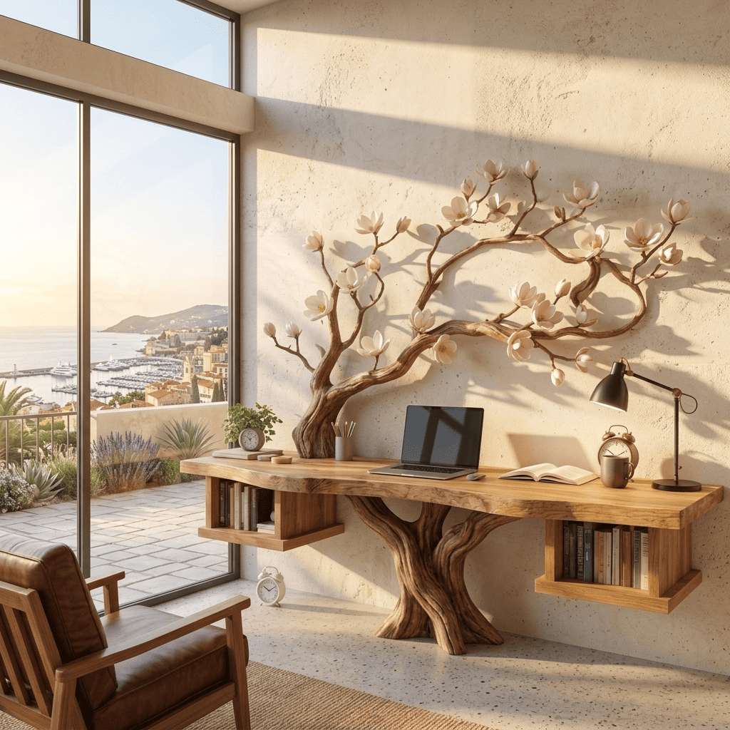Hand-carved tree branch wall unit in solid wood