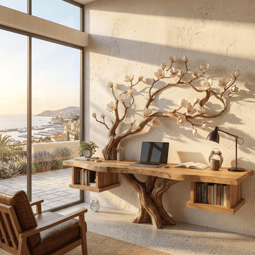 Sculptural Hand-Carved Blossom Tree Solid Wood Desk & Sprawling Branch Wall Unit