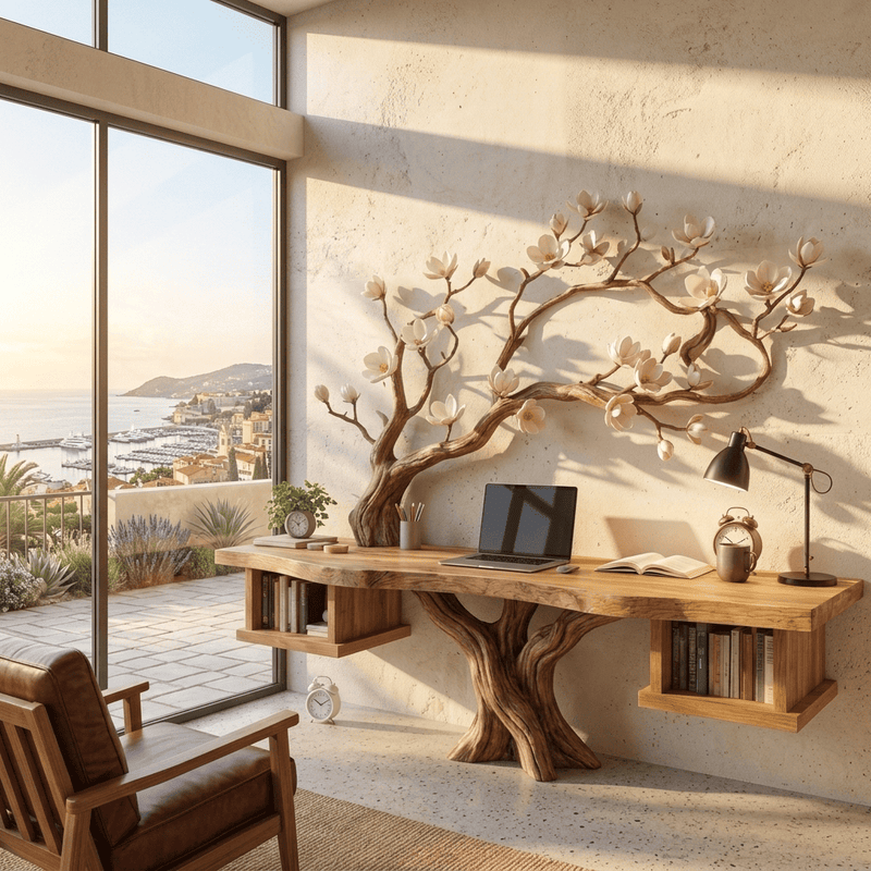 Hand-carved tree branch wall unit in solid wood