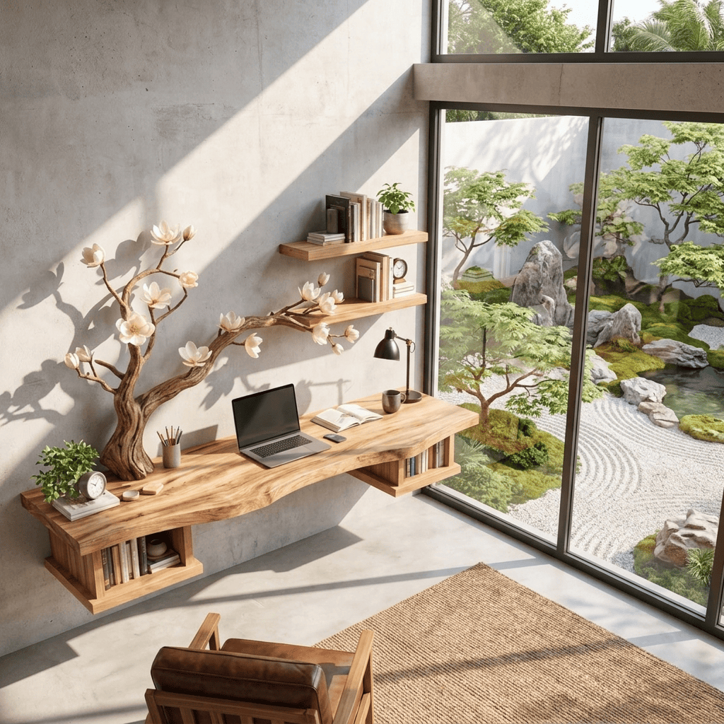 Hand-carved solid wood tree branch wall unit styled in a modern workspace