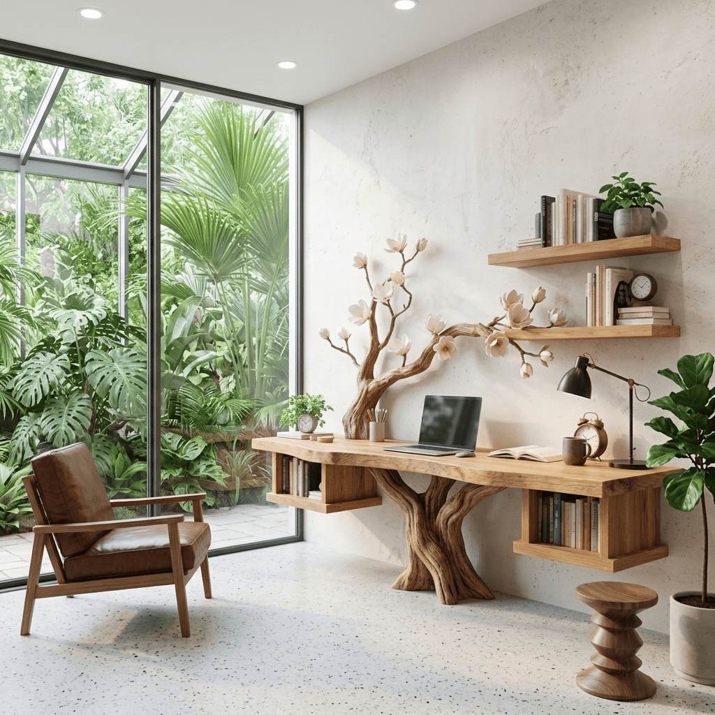 Artistic solid wood blossom tree wall unit enhancing a minimalist office interior