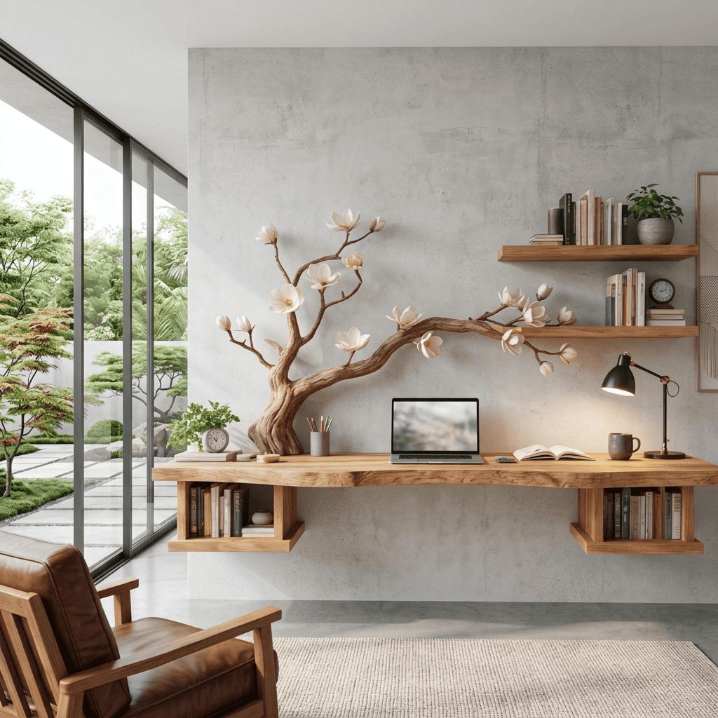 Sculptural solid wood desk and branch wall unit showcased in an elegant home workspace