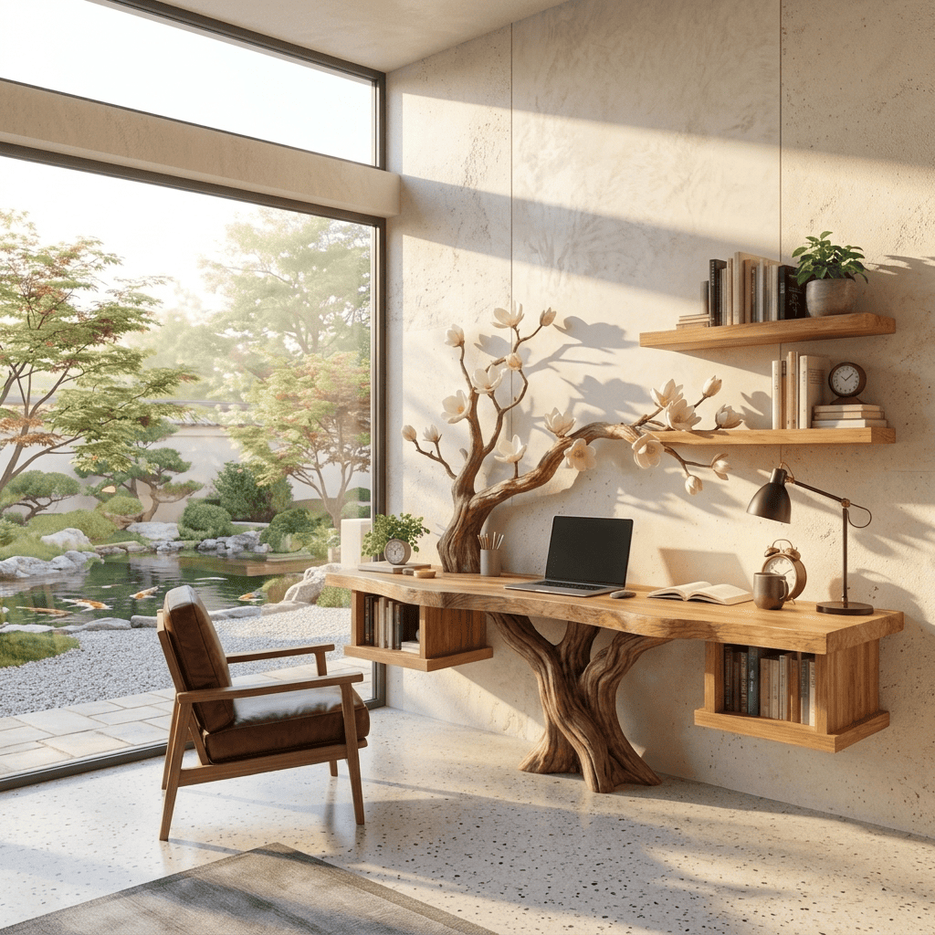 Hand-carved solid wood tree branch wall unit styled in a modern workspace