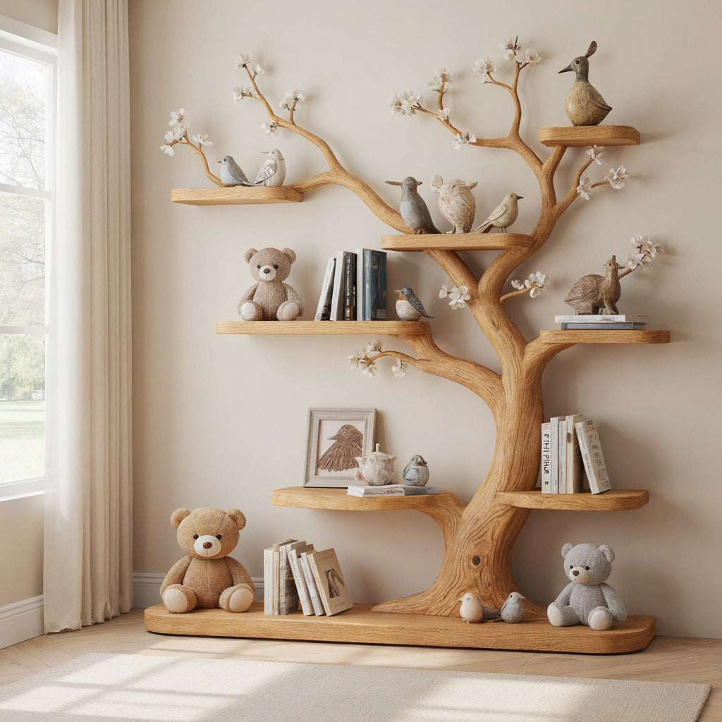 Sculptural kids bookshelf crafted from solid wood with a hand-carved blossom tree design