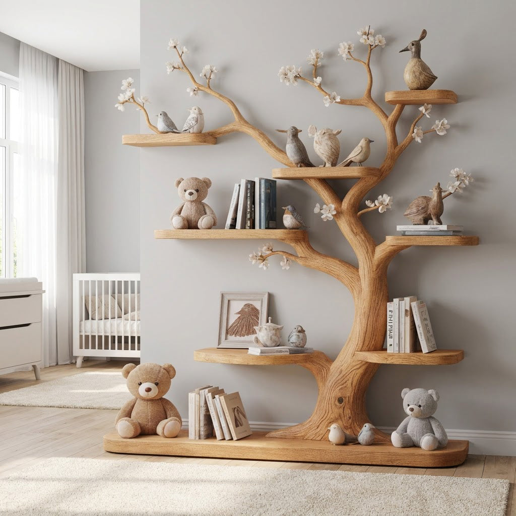 Sculptural hand-carved solid wood kids bookshelf with blossom tree design for modern children's rooms