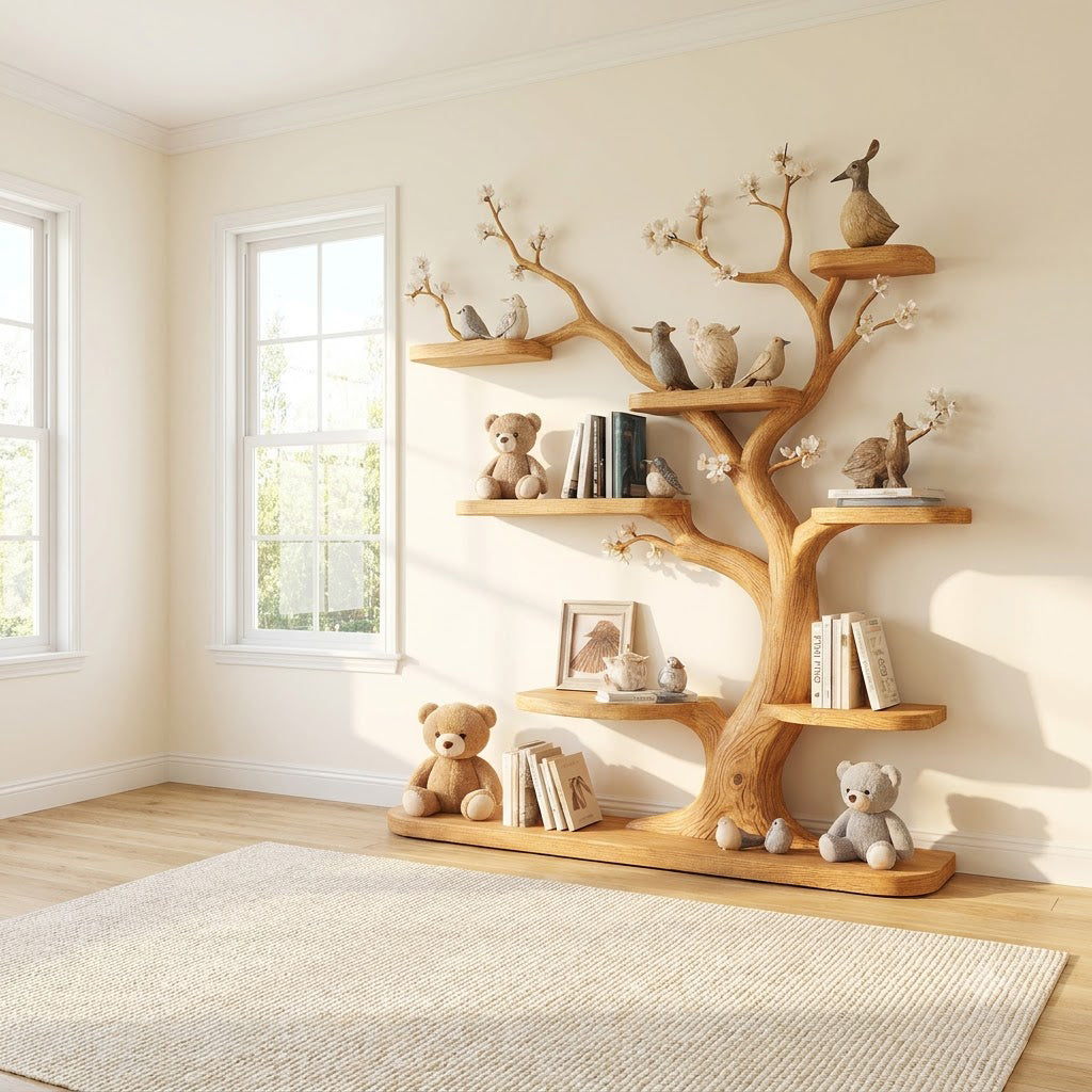 Hand-carved solid wood nursery bookshelf with blossom tree detailing for stylish kids' room interiors
