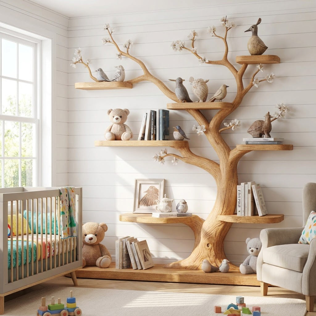 Sculptural solid wood kids bookshelf and display unit with blossom tree design for contemporary nurseries