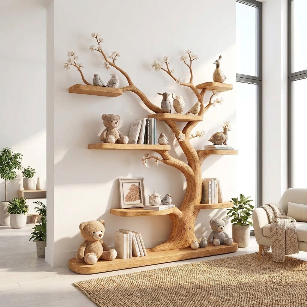 Hand-carved solid wood children's bookshelf with blossom tree details for elegant nursery spaces