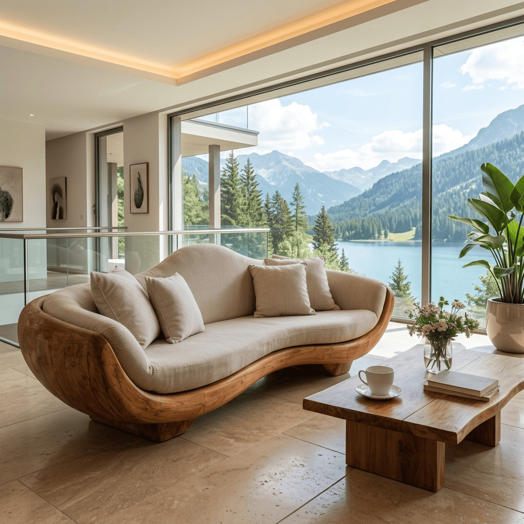 Sculptural curved sofa frame crafted from solid wood with a hand-carved design