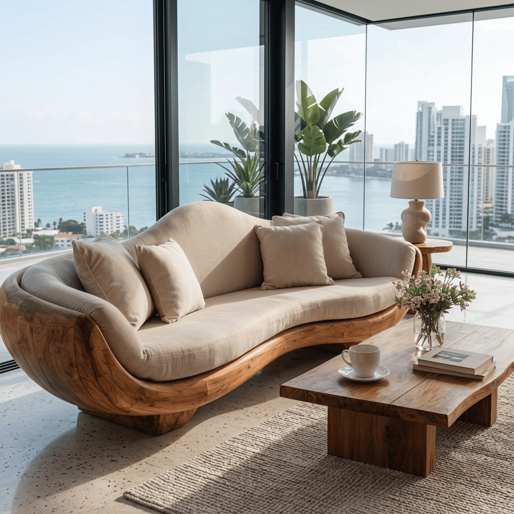 Sculptural hand-carved solid wood curved sofa frame for modern living room interiors