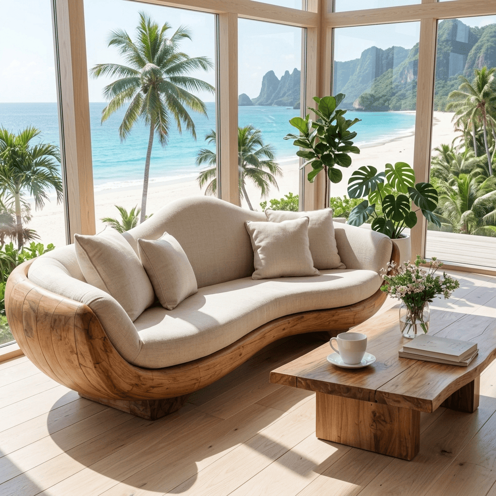 Sculptural solid wood settee base with flowing curves for stylish modern interiors