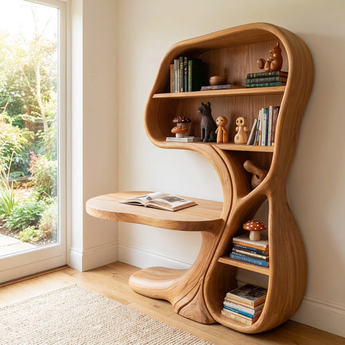 Sculptural Hand-Carved Curvilinear Solid Wood Desk & Bookshelf Combo Unit with Cantilevered Workstation