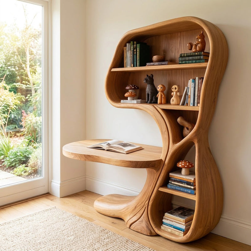 Hand-carved bookshelf desk combo in solid wood