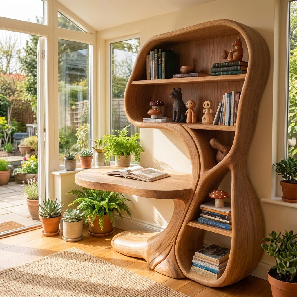 Sculptural solid wood desk and bookshelf combo showcased in an elegant workspace