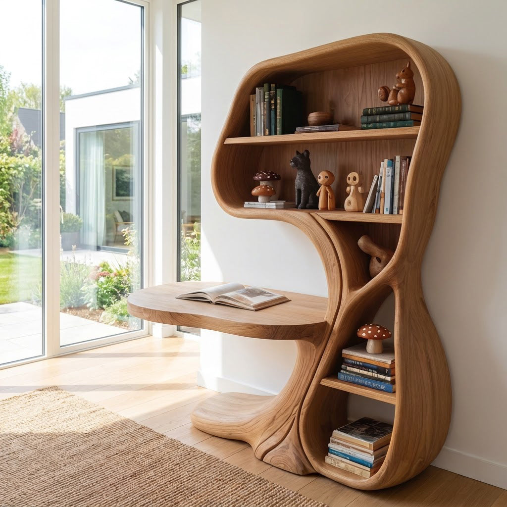 Organic solid wood bookshelf and desk unit with cantilevered workstation in a minimalist study