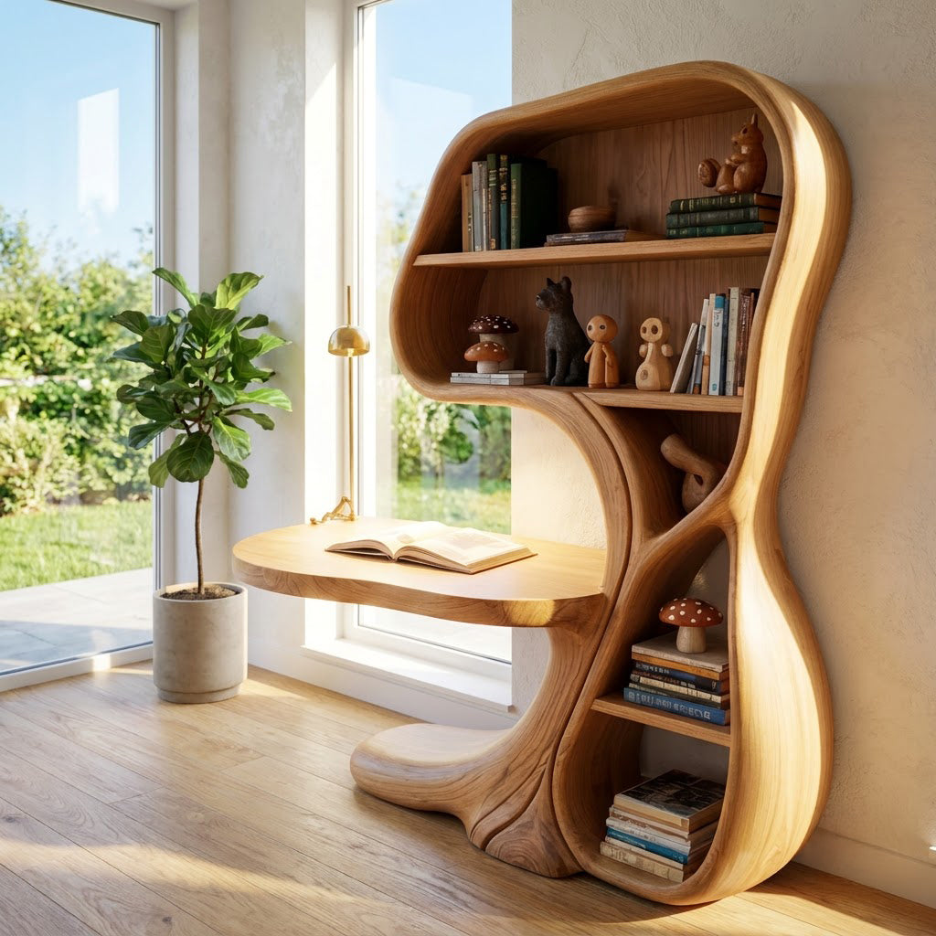 Hand-carved solid wood desk with integrated bookshelf styled in a modern workspace