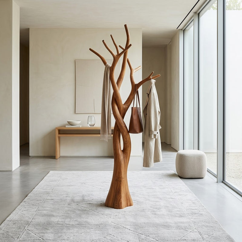 Hand-carved branch garment stand in solid wood