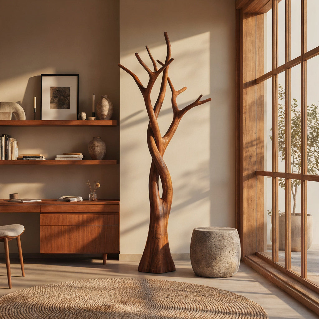 Organic solid wood intertwined tree coat stand displayed in a minimalist bedroom
