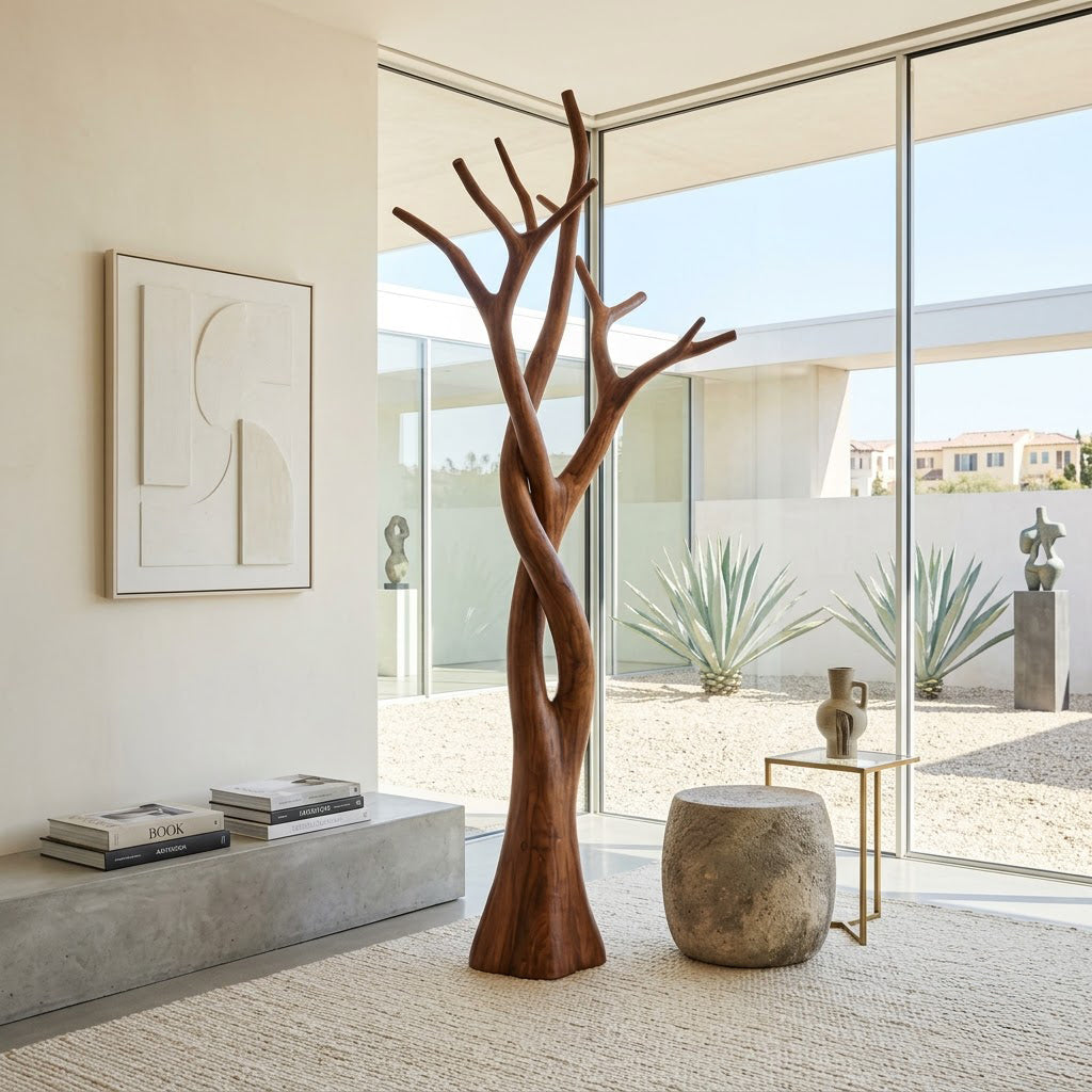 Sculptural solid wood tree coat rack in a contemporary entryway