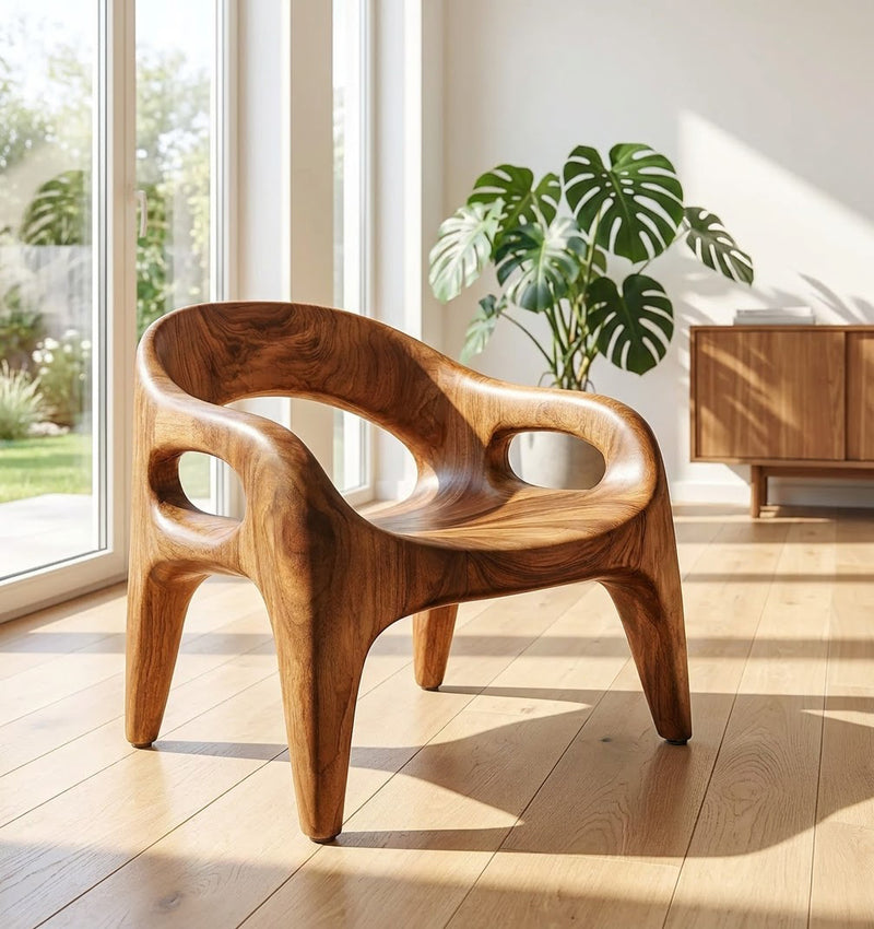 Biomorphic accent chair crafted from solid wood