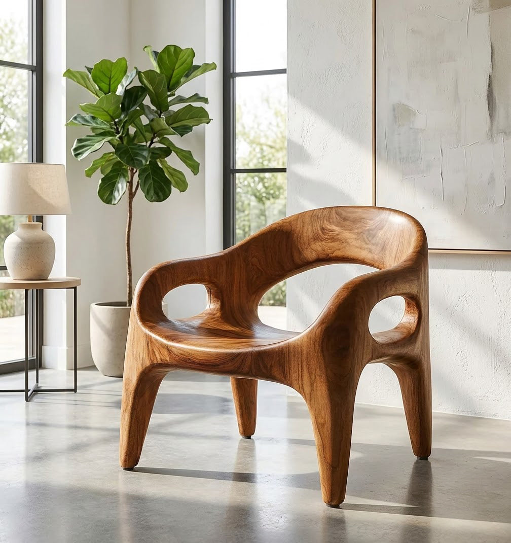 Sculptural solid wood monolithic accent chair in a contemporary living room