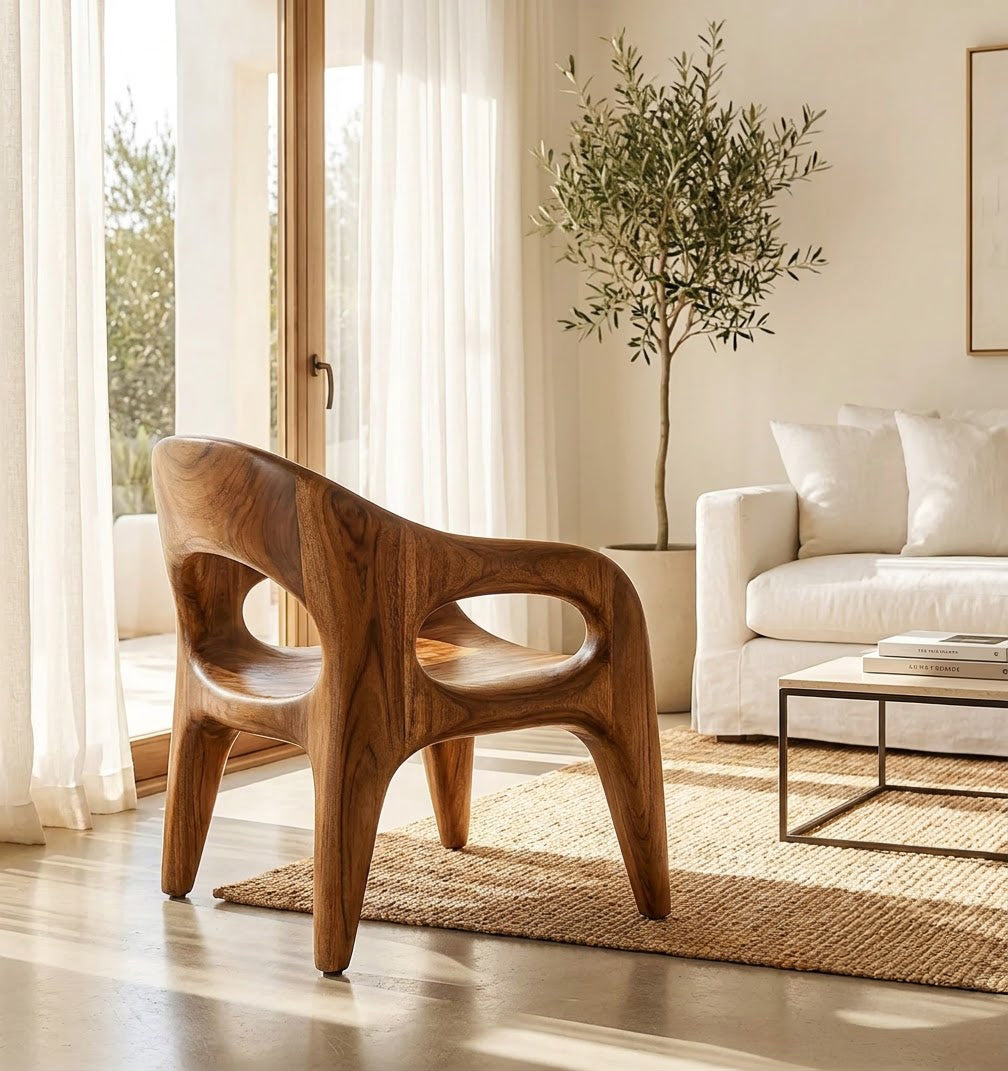 Biomorphic solid wood accent chair displayed in a minimalist living space