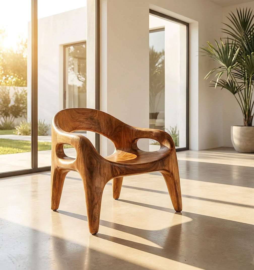 Artistic solid wood lounge chair enhancing an elegant home interior