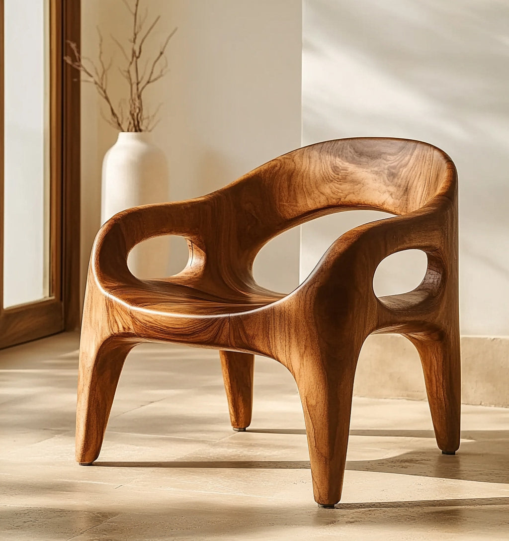 Sculptural solid wood accent chair showcased in a contemporary seating area