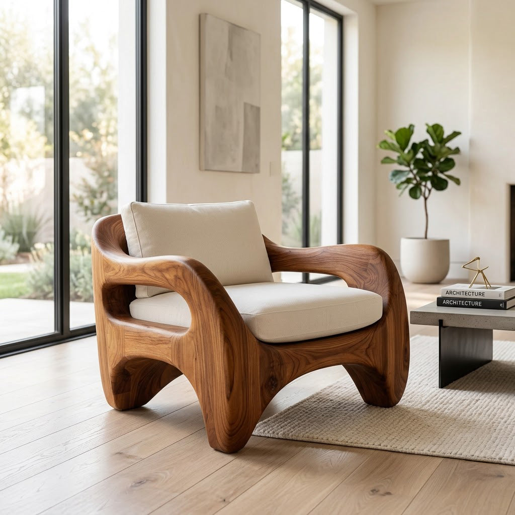 Hand-carved monolithic accent chair in solid wood