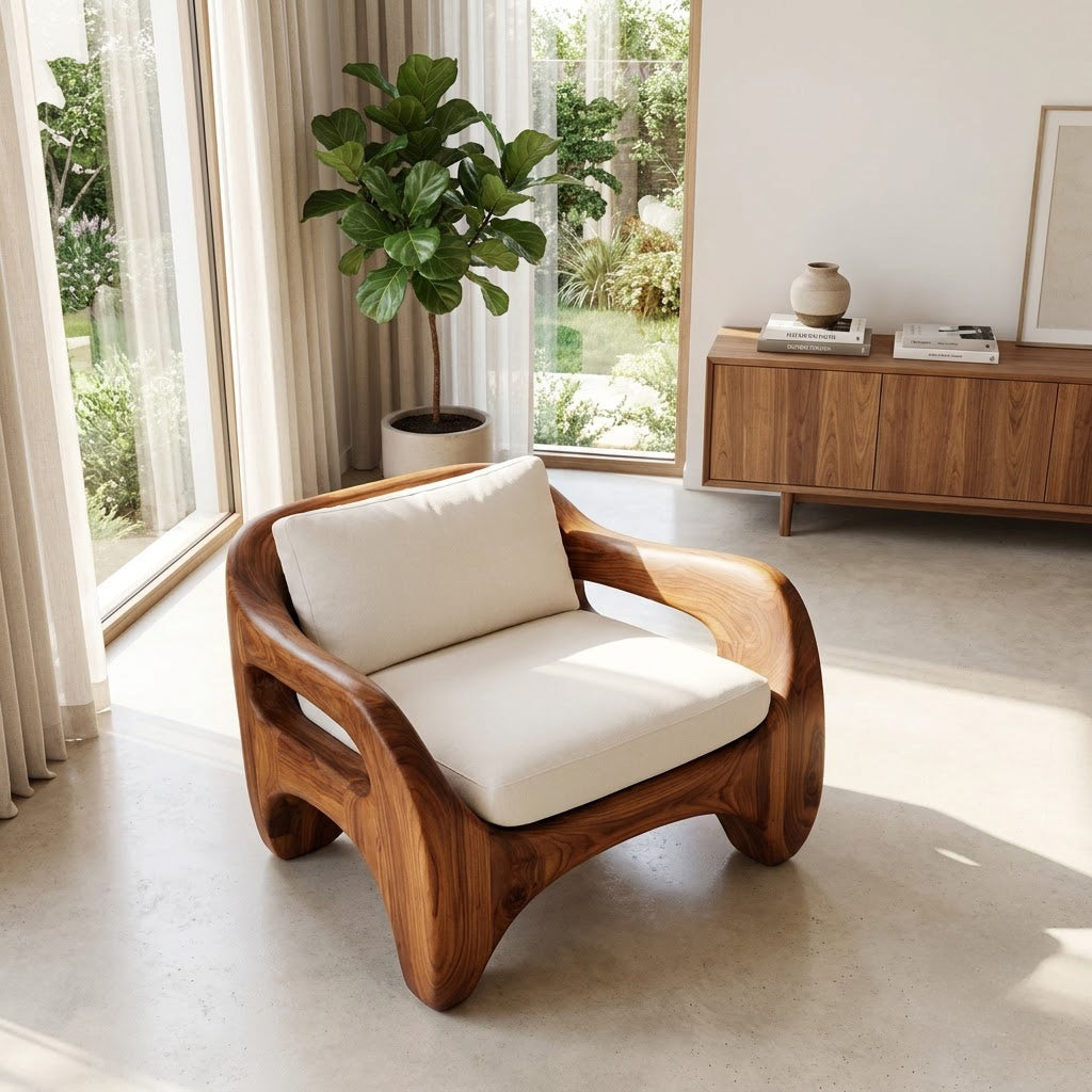 Hand-carved solid wood accent chair styled in a modern reading nook